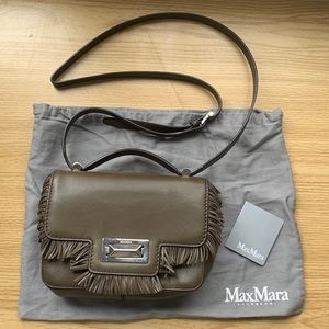 MAX MARA Olive Green Leather Over The Shoulder Bag w/ Fringe Detail